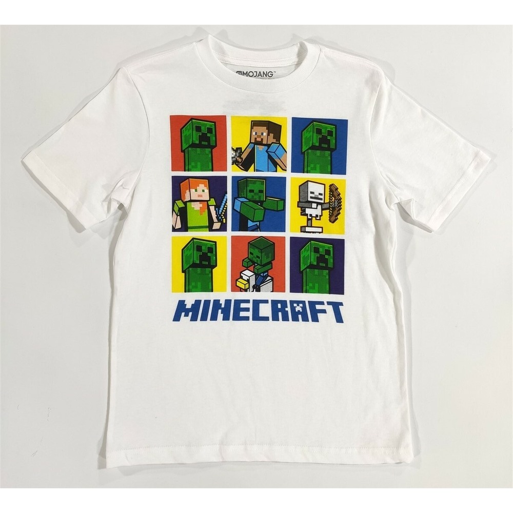 Minecraft Shirt Boys Medium 8 Steve Alex Skeleton Zombie White Short Sleeve Tee
